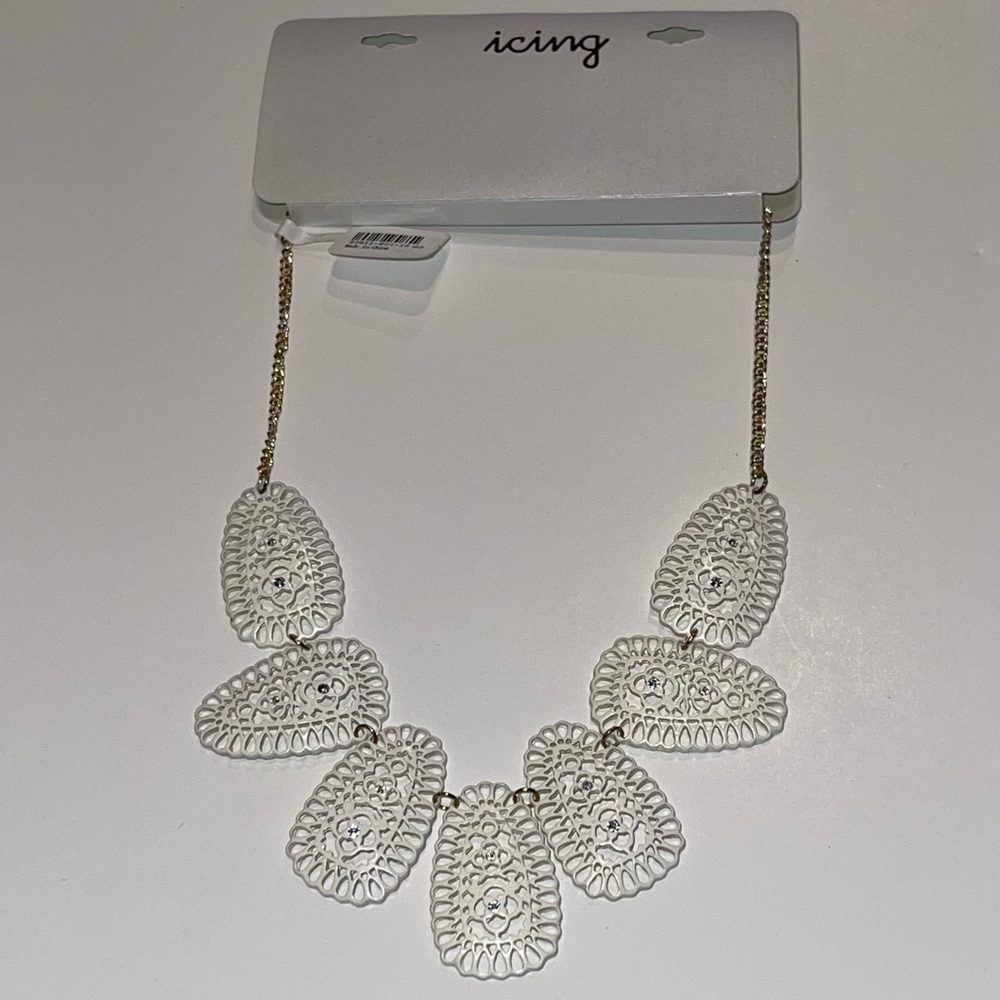 Icing White Metal Lace Statement Necklace, 22”